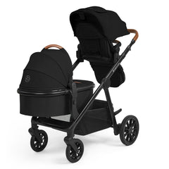 Ickle Bubba VIRGO Double Pram Pushchair Bundle Growing Family - Black - shown with carrycot and raised parent-facing seat