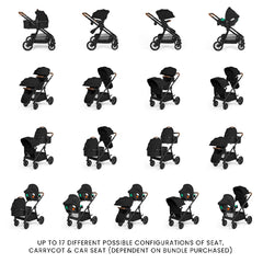 Ickle Bubba LIBRA Twin Pram/Pushchair Bundle - 12 Piece - Black, showing the 17 configurations available