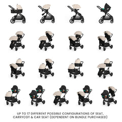 Ickle Bubba LIBRA Twin Pram/Pushchair Bundle - 12 Piece - Stone, showing the 17 configurations available