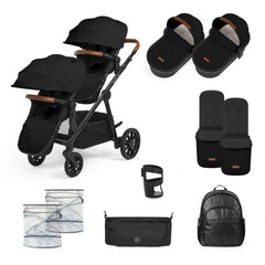 Ickle Bubba LIBRA Twin Pram/Pushchair Bundle - 12 Piece - Black, showing the items included in this bundle