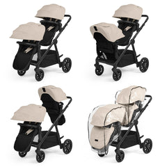 Ickle Bubba LIBRA Twin Pram/Pushchair Bundle - 12 Piece - Stone, showing four of the available configurations