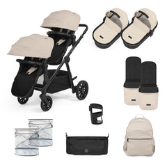 Ickle Bubba LIBRA Twin Pram/Pushchair Bundle - 12 Piece - Stone, showing the items included in this bundle