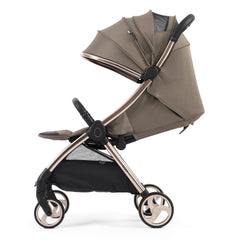 eggZ Stroller - Mink - side view with seat fully reclined, leg rest raised and hood extended