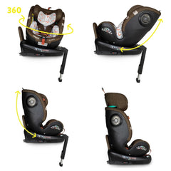 Cosatto All in All Ultra 360 Rotate i-Size Car Seat - Foxford Hall showing the seat both rear-facing and forward-facing at various stages of your child`s growth