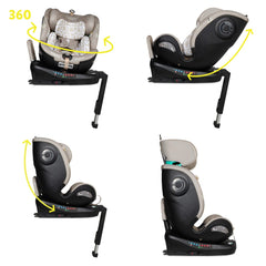 Cosatto All in All Ultra 360 Rotate i-Size Car Seat - Whisper showing the seat both rear-facing and forward-facing at various stages of your child`s growth