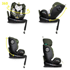 Cosatto All in All Ultra 360 Rotate i-Size Car Seat - Bureau showing the seat both rear-facing and forward facing at various stages of your child`s growth