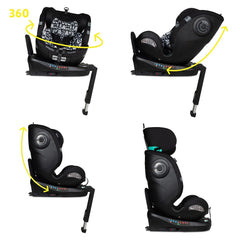 Cosatto All in All Ultra 360 Rotate i-Size Car Seat - Silhouette showing the seat both rear-facing and forward-facing at various stages of your child`s growth