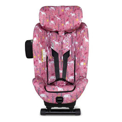 Cosatto Axkid Minikid 4 Car Seat - Unicorn Garden  - front view, showing the safety harness with its shoulder pads