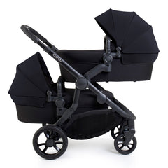 iCandy Orange 4 Twin Bundle - Black Edition - shown as the pram with two carrycots, one parent-facing and the other forward-facing 