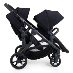 iCandy Orange 4 Twin Bundle - Black Edition - shown as the pushchair with two forward-facing seat units