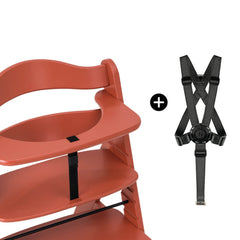 Hauck Alpha+B Wooden Highchair - Cork shown with its safety harness