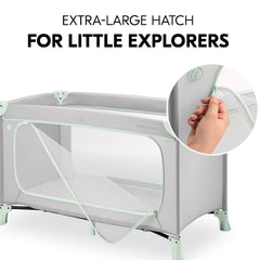 Hauck Dream n Play Plus Travel Cot - Mint showing the playpen`s opening panel