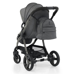 egg2 Luxury Bundle (Quartz) - showing the rear view of the pushchair with the backpack changing bag hanging from the handlebar