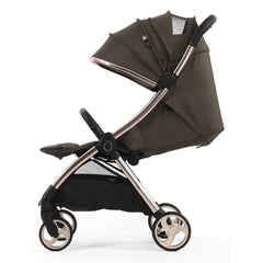 eggZ Stroller - Chocolate Velvet - side view with seat fully reclined, leg rest raised and hood extended