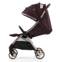 eggZ Stroller - Mulberry - side view with seat fully reclined, leg rest raised and hood extended