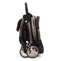 eggZ Stroller - Mulberry - side view, folded and freestanding