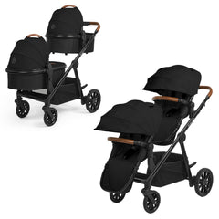 Ickle Bubba LIBRA Twin Pram/Pushchair Bundle - 12 Piece - Black, showing the chassis with two carrycots and two seat units