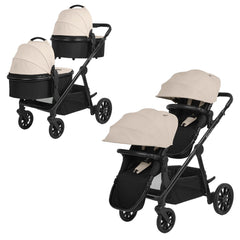 Ickle Bubba LIBRA Twin Pram/Pushchair Bundle - 12 Piece - Stone, showing the chassis with two carrycots and two seat units