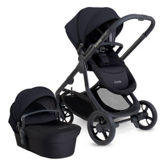 iCandy Orange 4 Combo Bundle - Black Edition - showing the carrycot and parent-facing pushchair