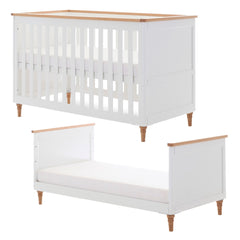 Obaby Orla Cot Bed - White with Oak - showing the cot and toddler bed