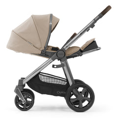 BabyStyle Oyster 3 LUXURY Bundle with Maxi-Cosi Pebble 360 Pro (Butterscotch) - side view, showing the pushchair with the seat fully reclined and leg rest raised