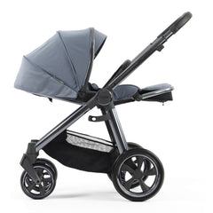 BabyStyle Oyster 3 LUXURY Bundle with Maxi-Cosi Pebble 360 Pro (Dream Blue) - side view, showing the pushchair with the seat fully reclined and leg rest raised