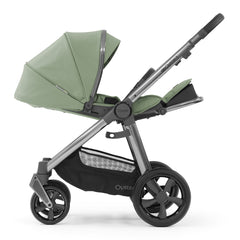 BabyStyle Oyster 3 LUXURY Bundle with Maxi-Cosi Pebble 360 Pro (Spearmint) - side view, showing the pushchair with the seat fully reclined and leg rest raised