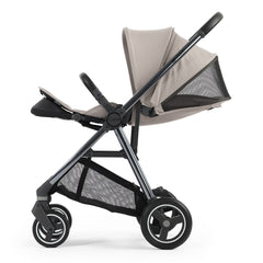 BabyStyle Oyster Gravity+ Stroller - Stone - side view, forward-facing showing lie-flat