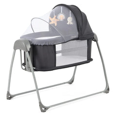 BabyStyle Oyster Swinging Crib (Carbonite) - showing the crib with its canopy and hanging toys