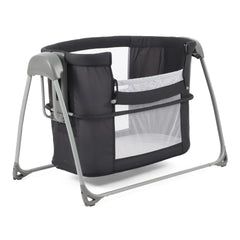 BabyStyle Oyster Swinging Crib (Carbonite) - showing the crib with the panel lowered for ease of access