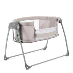 BabyStyle Oyster Swinging Crib (Stone) - showing the crib with the panel lowered for ease of access