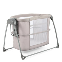 BabyStyle Oyster Swinging Crib (Stone) - showing the crib without its canopy and showing its mesh ventilation/viewing panels