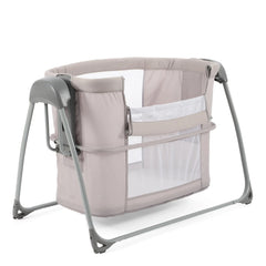 BabyStyle Oyster Swinging Crib (Stone) - showing the crib with the panel lowered for ease of access