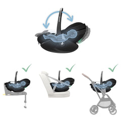 Maxi-Cosi Pebble 360 Pro² - Twillic Black, showing the seat fixed onto a compatible base, with vehicle seat and on a compatible pushchair chassis