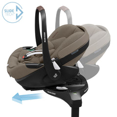 Maxi-Cosi Pebble 360 Pro² & FamilyFix 360 Pro ISOFIX Base - Twillic Truffle, showing the car seat sliding on the base