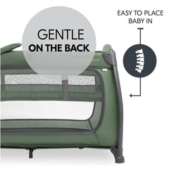 Hauck Play'n'Relax Centre - Dark Green showing its height adjustable mattress base