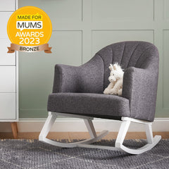 Obaby Round Back Rocking Chair (White with Grey) - lifestyle image, shown here with its accredited `Made for Mums - 2023 Bronze Award`