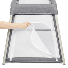 Ickle Bubba Scout Travel Cot & Playpen - Ash Grey - side view, showing the zipped opening