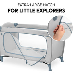 Hauck Sleep'n'Play Go Plus Travel Cot/Playpen - Dusty Blue shwoing the `escape hatch` for the playpen