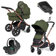 Ickle Bubba Stomp LUXE Travel System with Stratus i-Size Car Seat & ISOFIX Base - Bronze Woodland Black