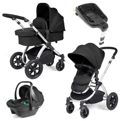 Ickle Bubba Stomp LUXE Travel System with Stratus i-Size Car Seat & ISOFIX Base - Silver Midnight Black