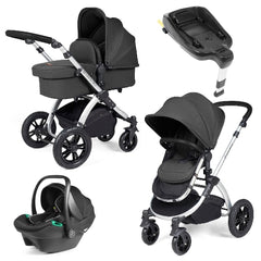 Ickle Bubba Stomp LUXE Travel System with Stratus i-Size Car Seat & ISOFIX Base - Silver Charcoal Grey Black