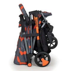 Cosatto Woosh Double Baby Stroller - Charcoal Mister Fox showing stroller folded and free-standing